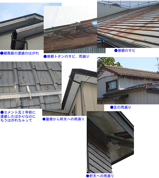 ●破風板の塗装のはがれ ●屋根トタンのサビ、雨漏り ●屋根のサビ ●セメント瓦２年前に塗装したばかりなのにもうはがれちゃって ●屋根から軒天への雨漏り ●瓦の雨漏り